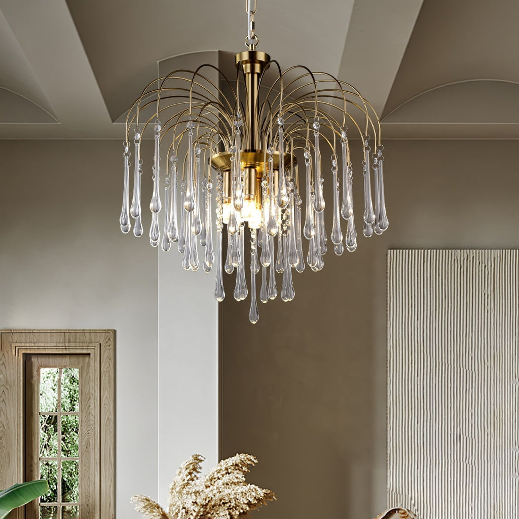 Teardrop Waterfall Crystal Glass Brass Chandelier