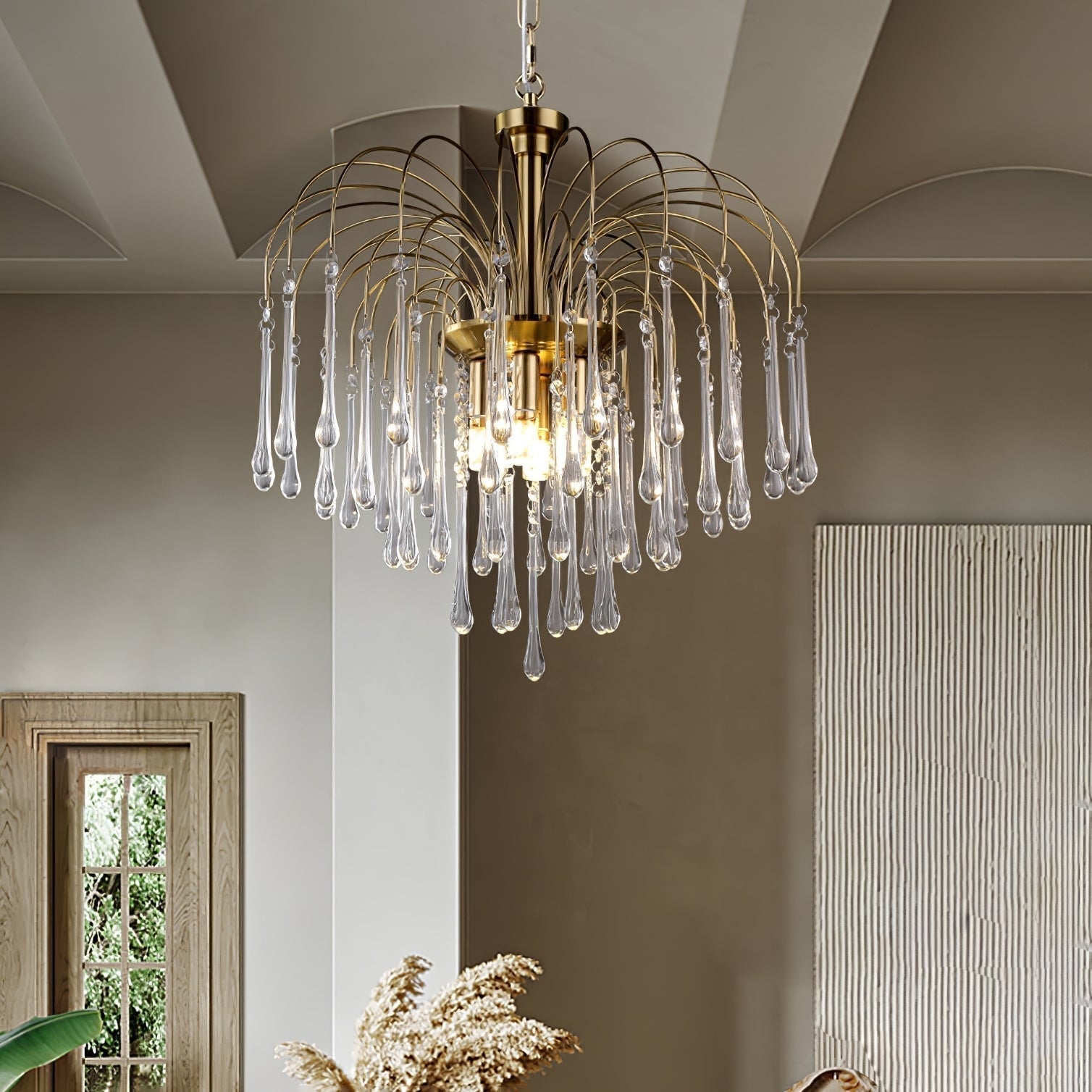 Teardrop Waterfall Crystal Glass Brass Chandelier