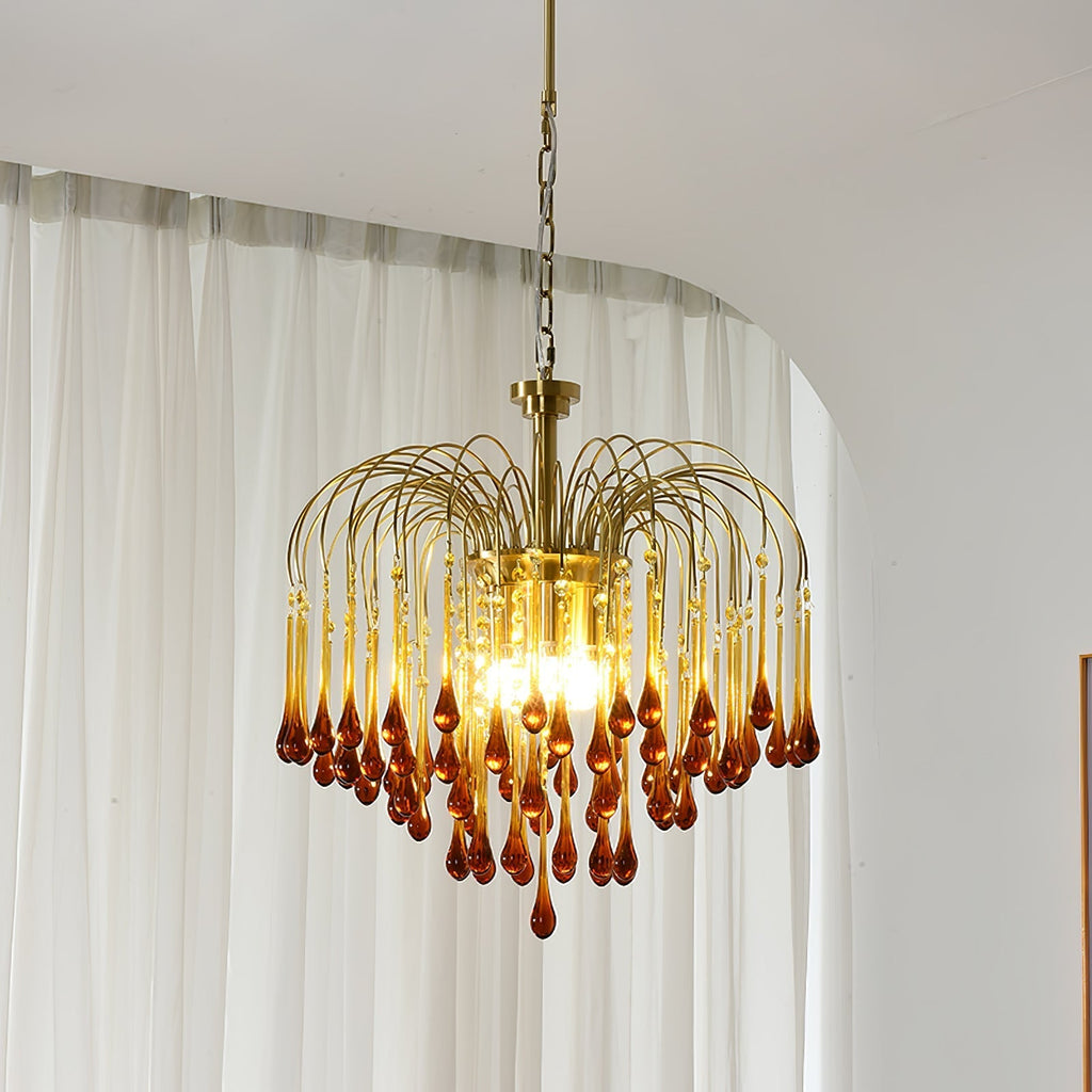 Teardrop Waterfall Crystal Glass Brass Chandelier
