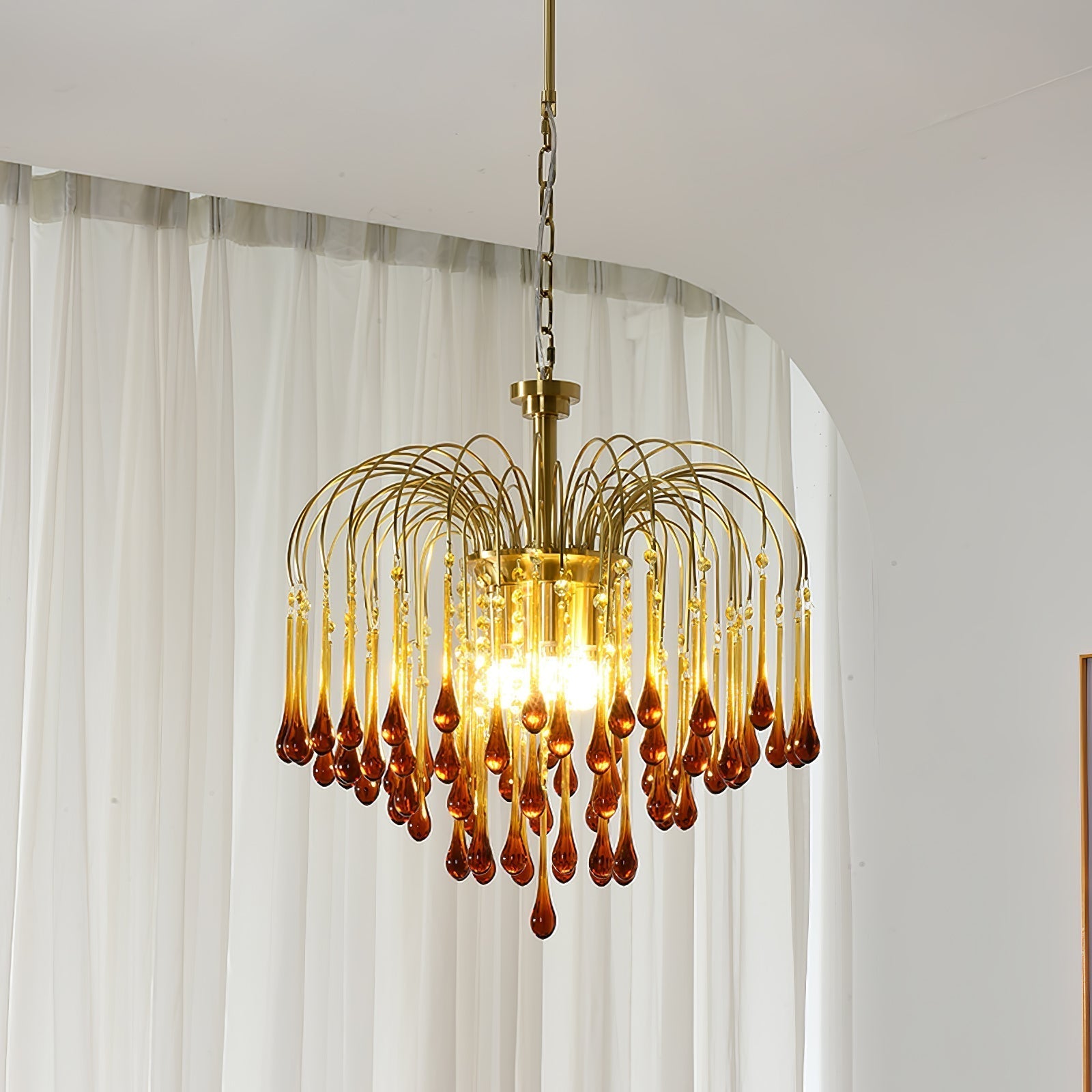 Teardrop Waterfall Crystal Glass Brass Chandelier
