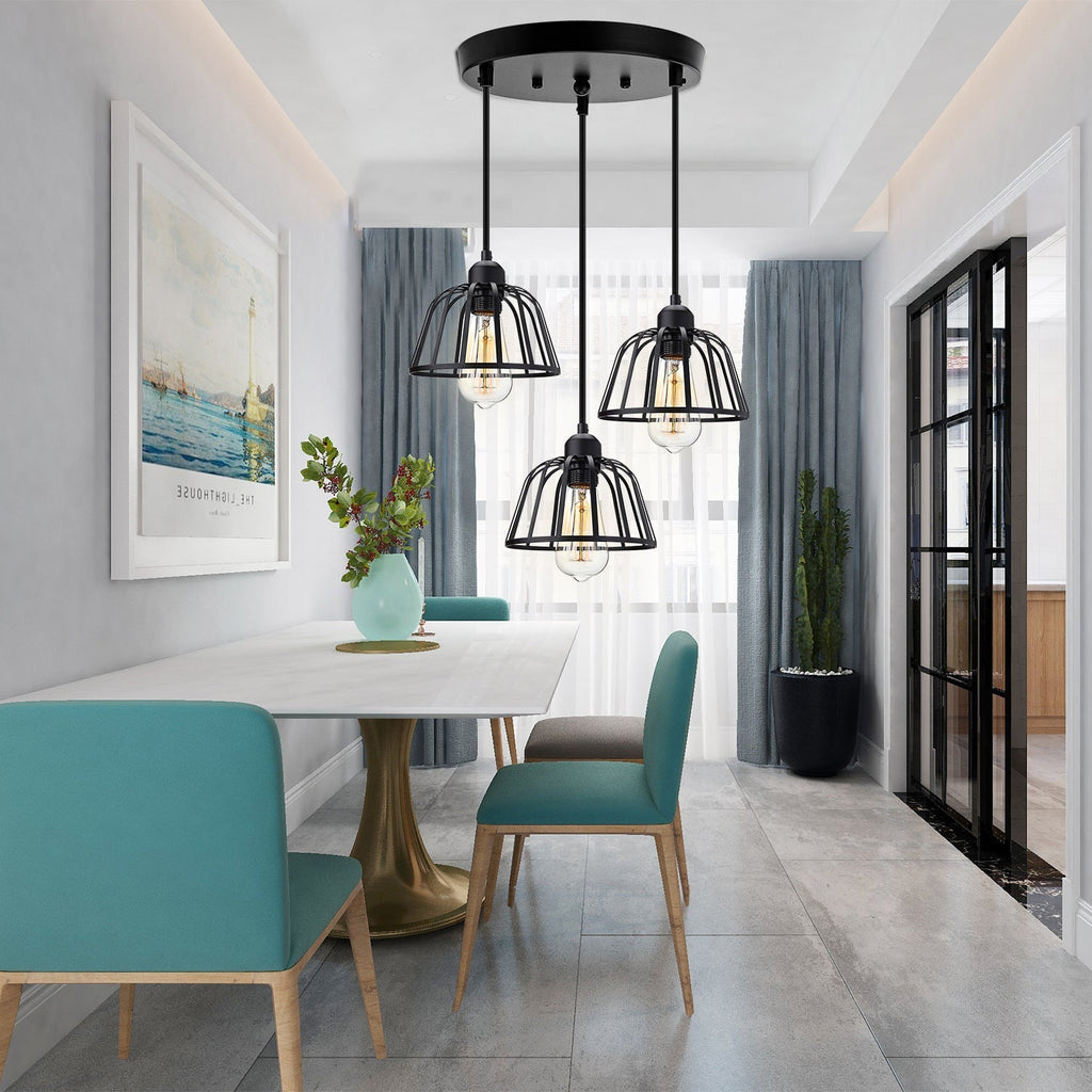 Retro Industrial Black Metal Trio Pendant Light