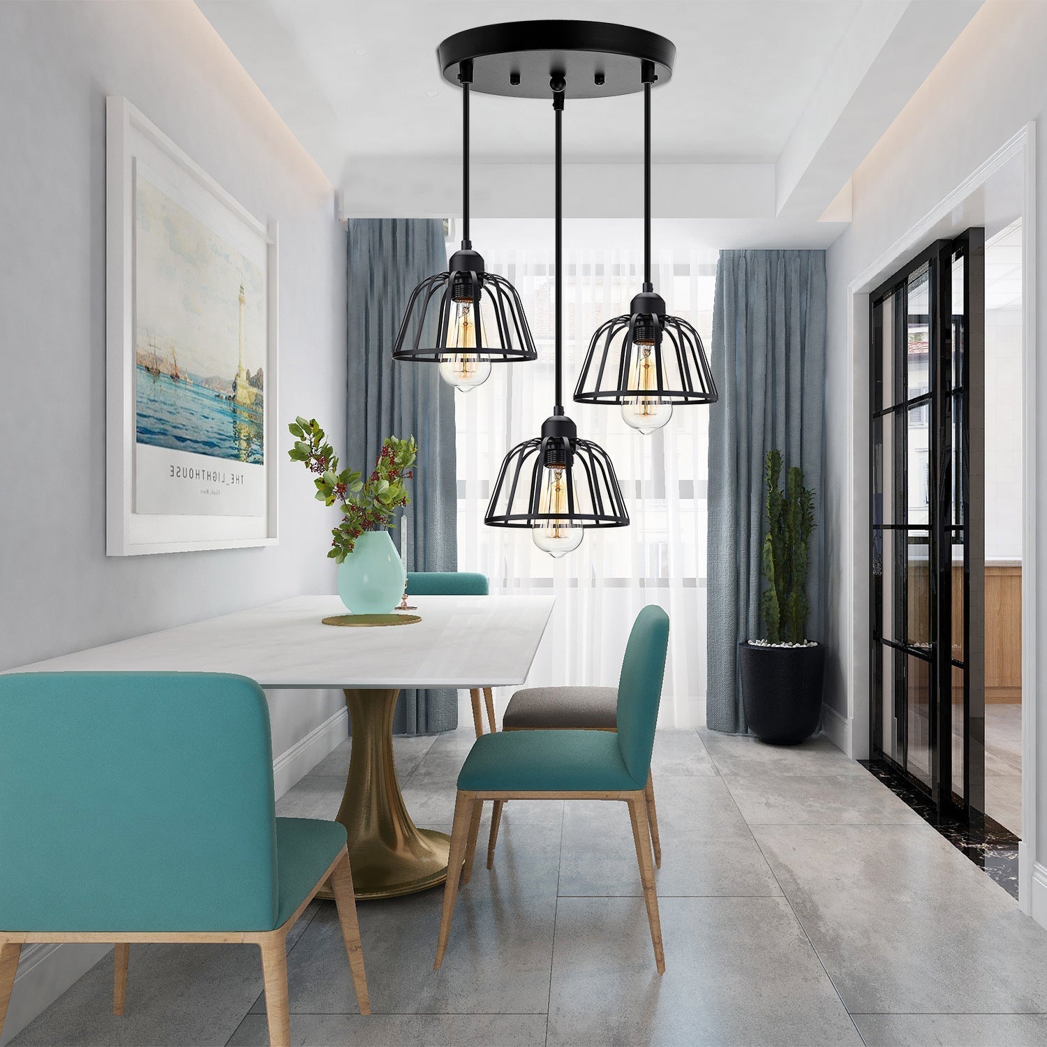 Retro Industrial Black Metal Trio Pendant Light