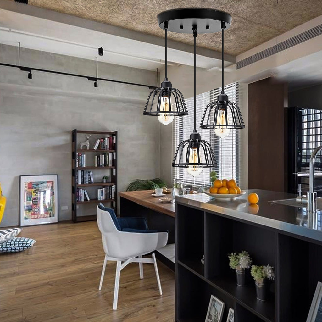Retro Industrial Black Metal Trio Pendant Light