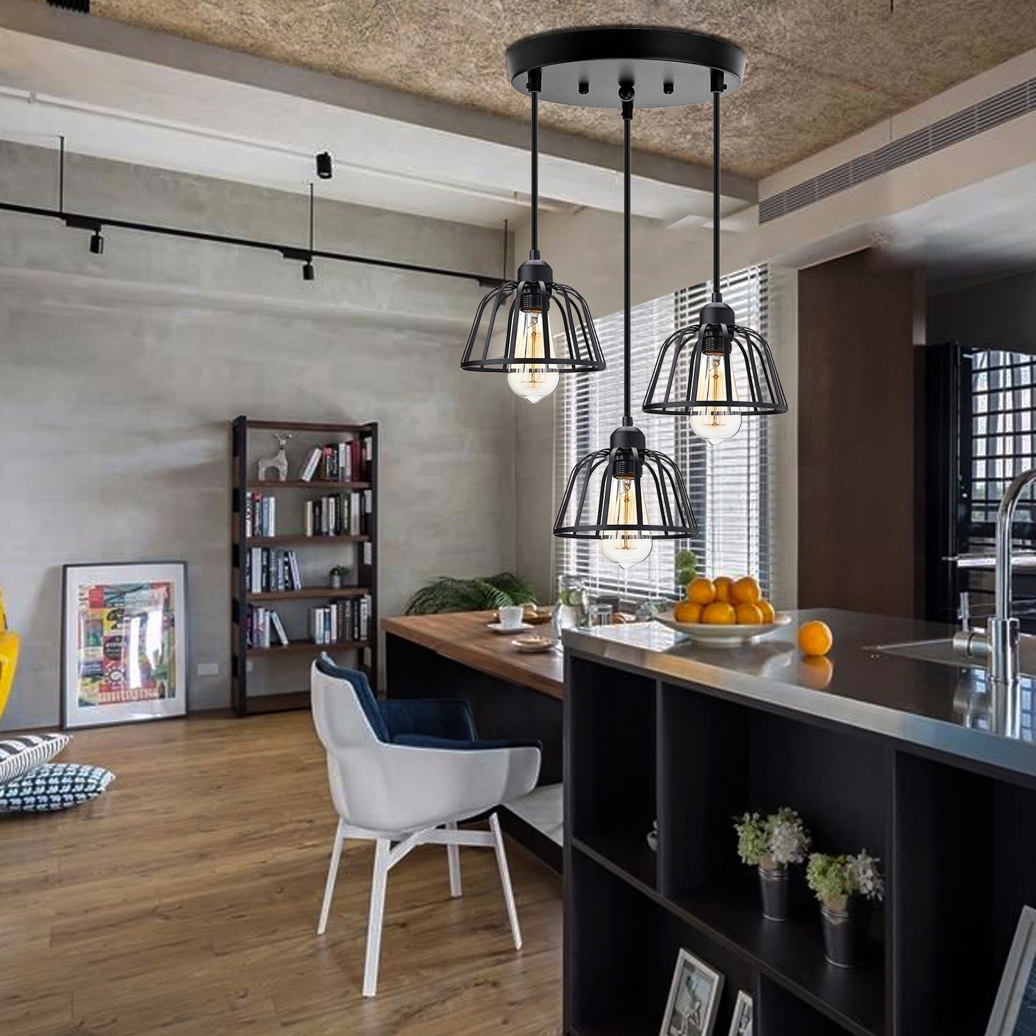 Retro Industrial Black Metal Trio Pendant Light