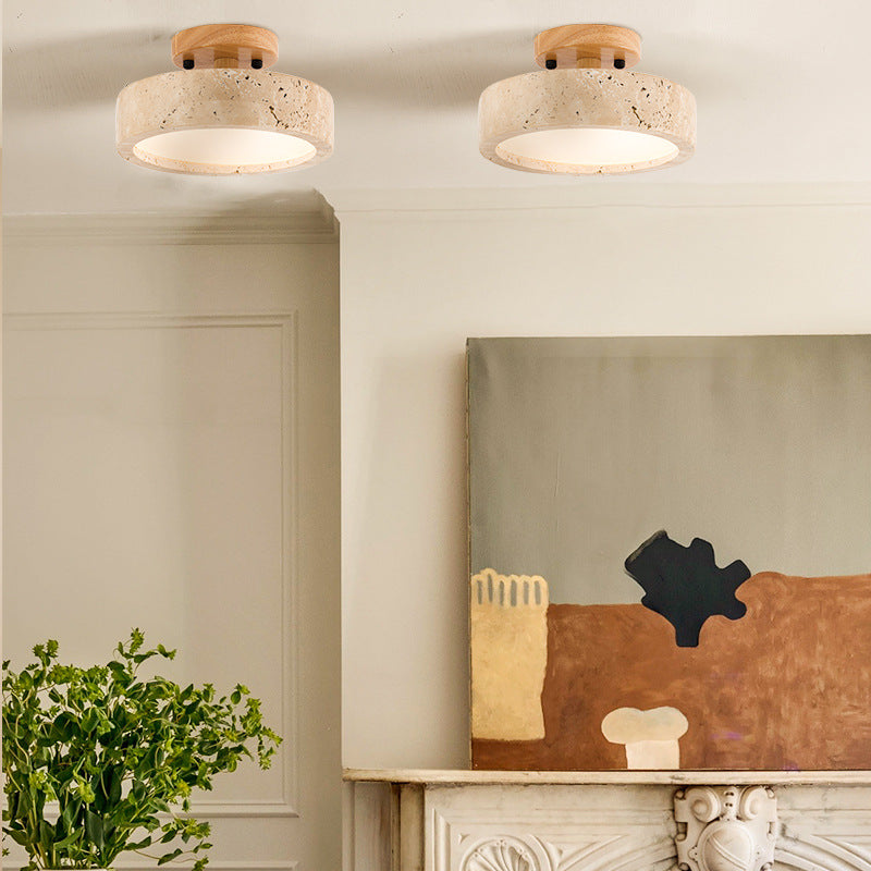 Round Yellow Travertine Ceiling Light Fixture