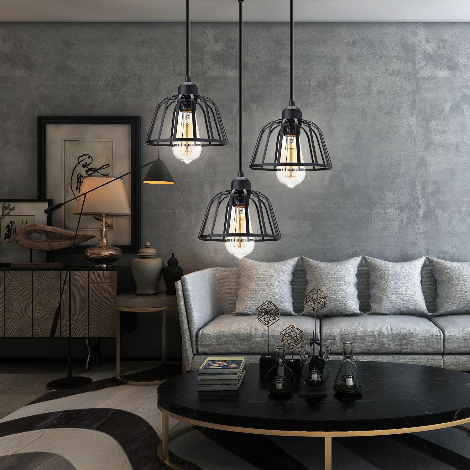 Retro Industrial Black Metal Trio Pendant Light