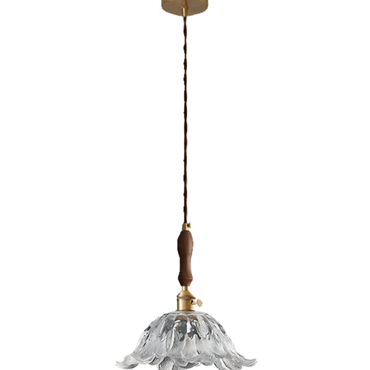 Vintage glass flower pendant light, wooden handle version, product view