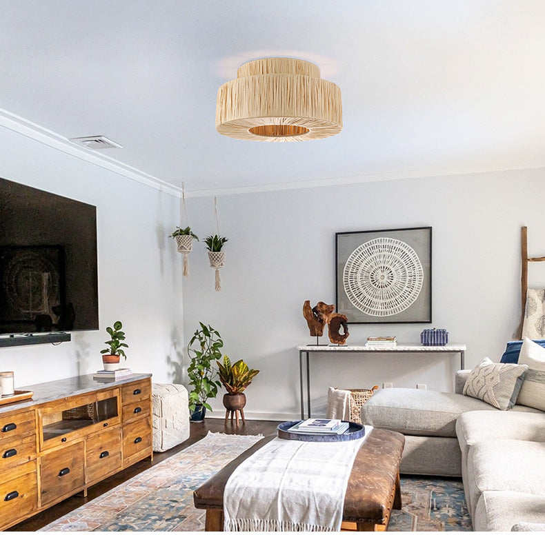 Modern Boho Rattan Double-Layer Plant Ceiling Light