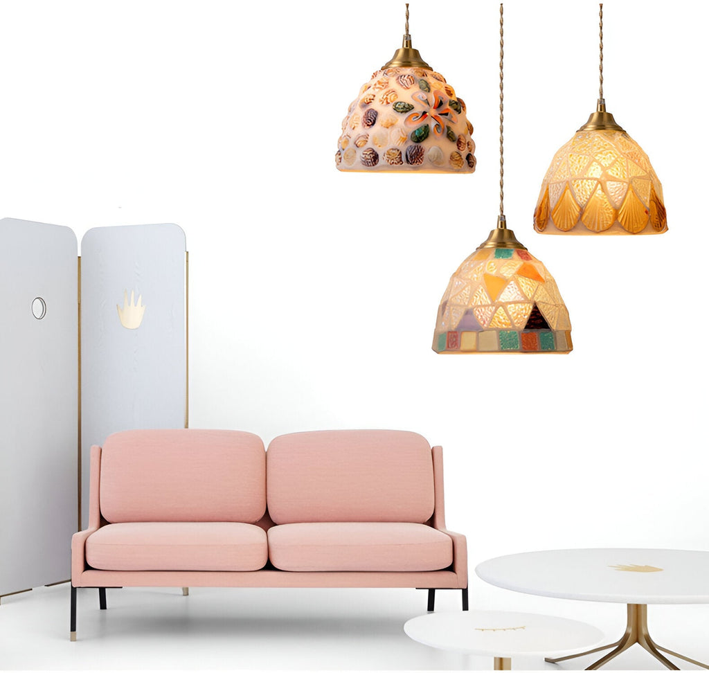 Retro Colorful Natural Shell Handcrafted Brass Pendant Light