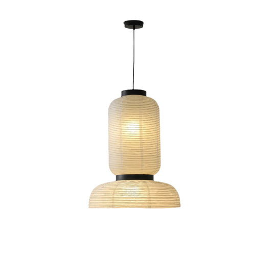 Formia Japandi paper pendant light, tall lantern over a wide base, lit warm, product view