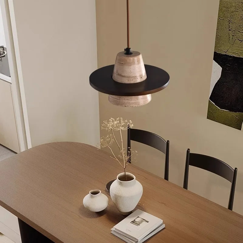 Travertine Medieval Wood Stone Pendant Light