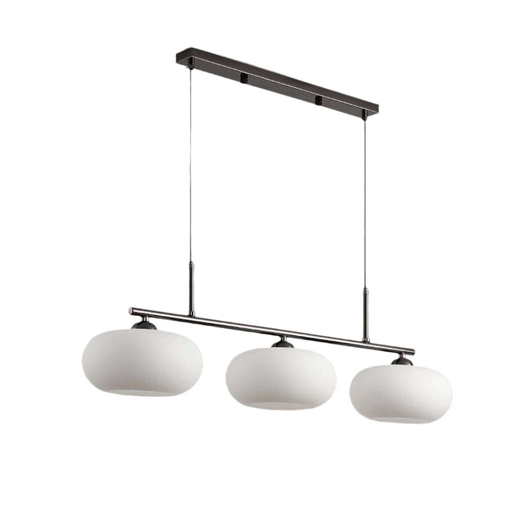 Solenna linear glass pendant light, black bar with three opal shades, white background
