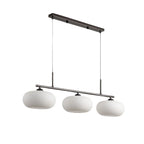 Solenna linear glass pendant light, black bar with three opal shades, white background