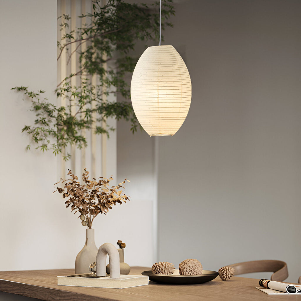 Traditional Japandi Wabi-Sabi Elliptical Paper Pendant Light