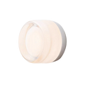 Dusk-to-dawn glass wall sconce, white dimple version on a pale backdrop