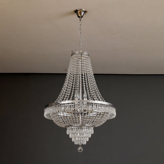 European crystal chandelier, chrome empire shape with tiered drops, product view