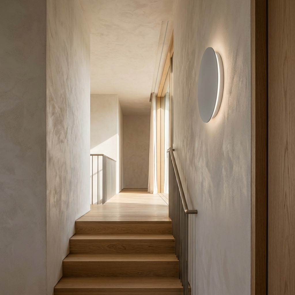 Modern Nordic Round Aluminum Minimalist LED Wall Light lifestyle image - Higgsfield lux20v1 - a11