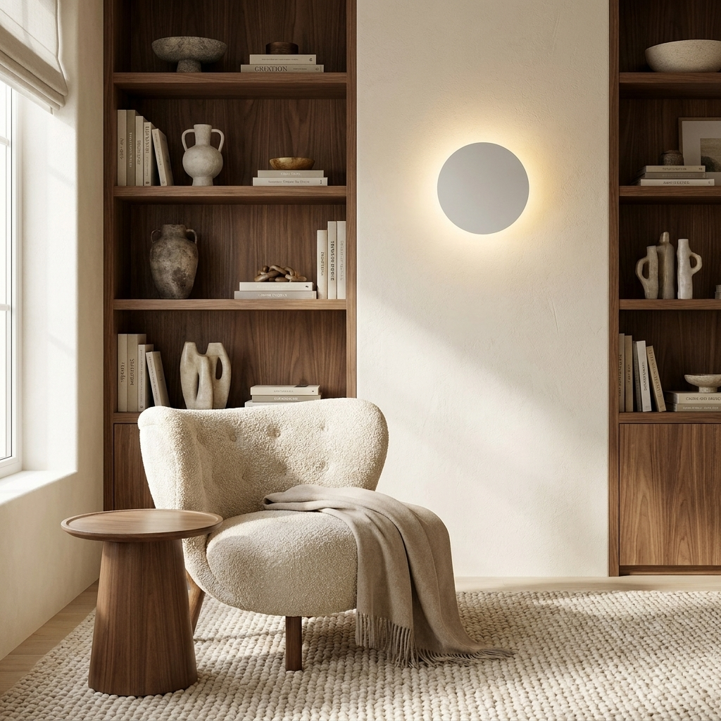 Modern Nordic Round Aluminum Minimalist LED Wall Light lifestyle image - Higgsfield lux20v1 - a13