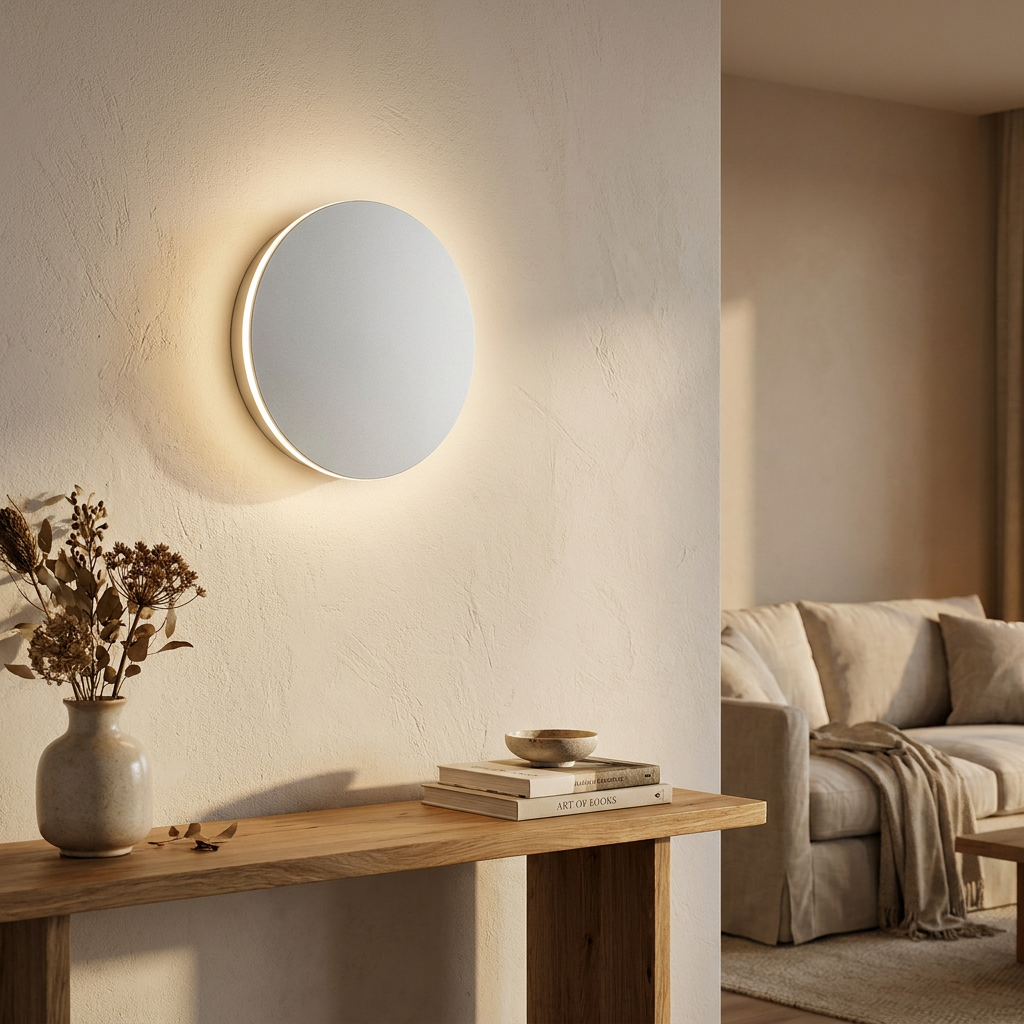 Modern Nordic Round Aluminum Minimalist LED Wall Light lifestyle image - Higgsfield lux20v1 - a15