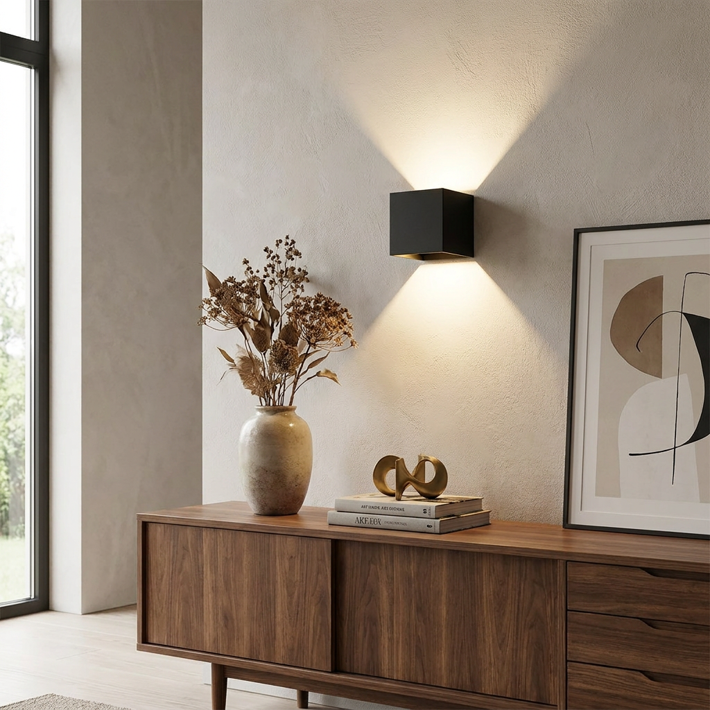 Aera Cube Nordic Iron LED Wall Lamp lifestyle image - Higgsfield lux20v1 - a19