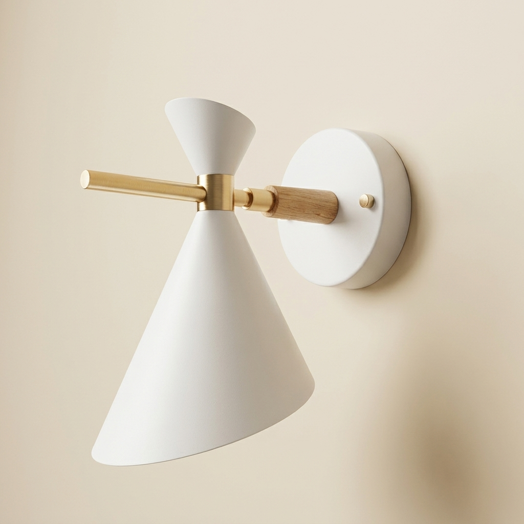 NordicGlow - Simple Nordic wall lamp with horn shade lifestyle image - Higgsfield lux20v1 - a1
