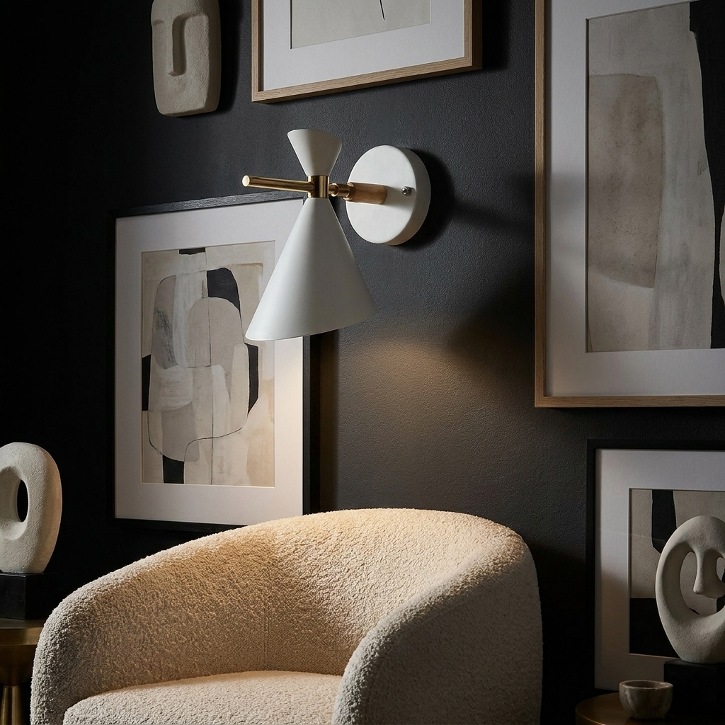 NordicGlow - Simple Nordic wall lamp with horn shade lifestyle image - Higgsfield lux20v1 - a6