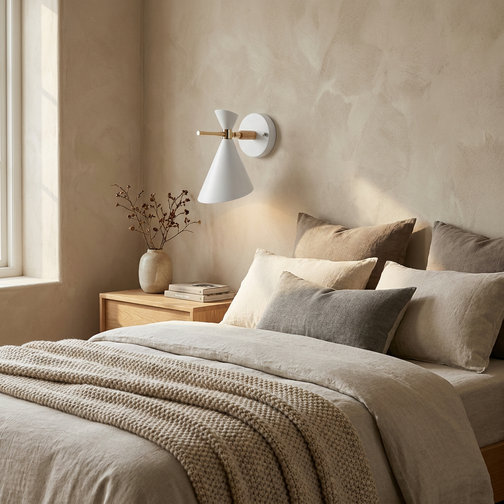 NordicGlow - Simple Nordic wall lamp with horn shade lifestyle image - Higgsfield lux20v1 - a8