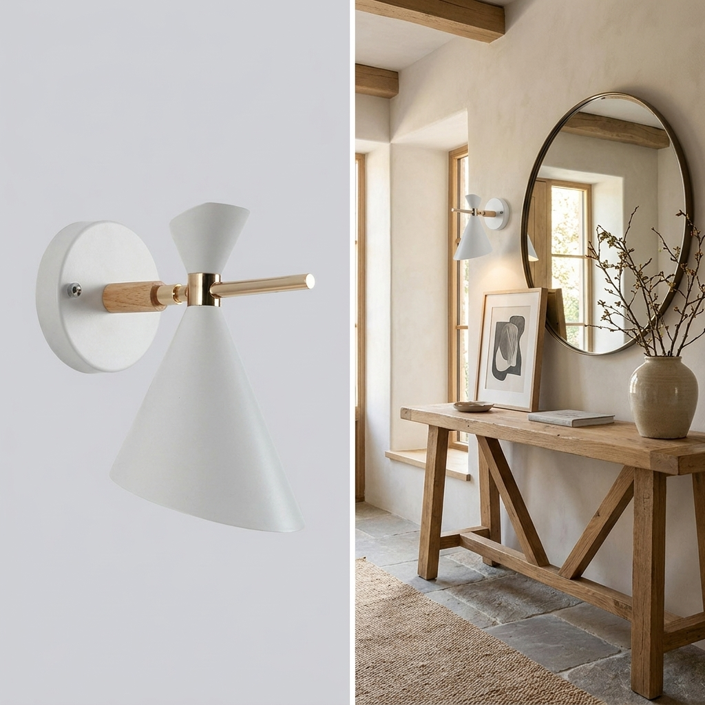 NordicGlow - Simple Nordic wall lamp with horn shade lifestyle image - Higgsfield lux20v1 - a9