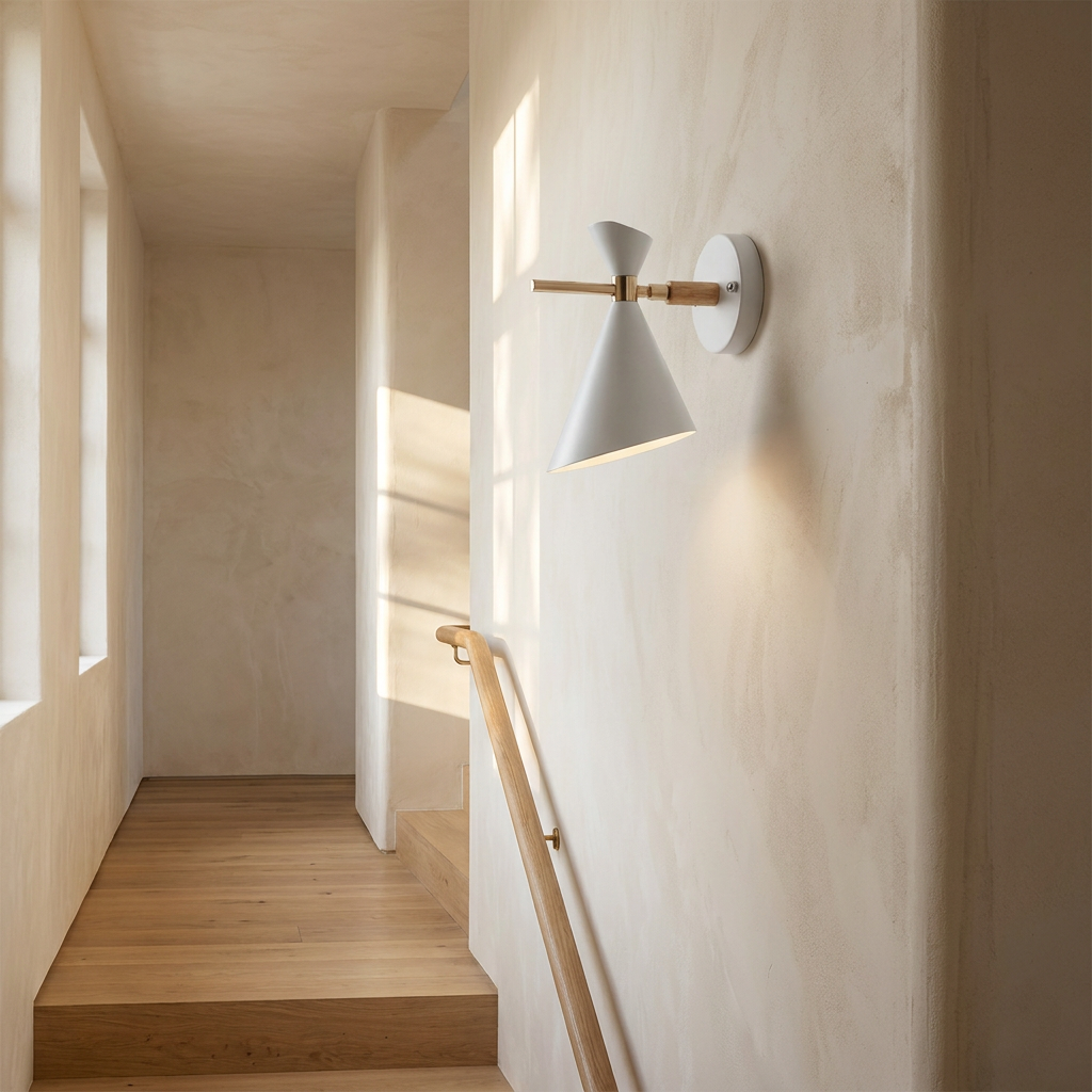NordicGlow - Simple Nordic wall lamp with horn shade lifestyle image - Higgsfield lux20v1 - a11
