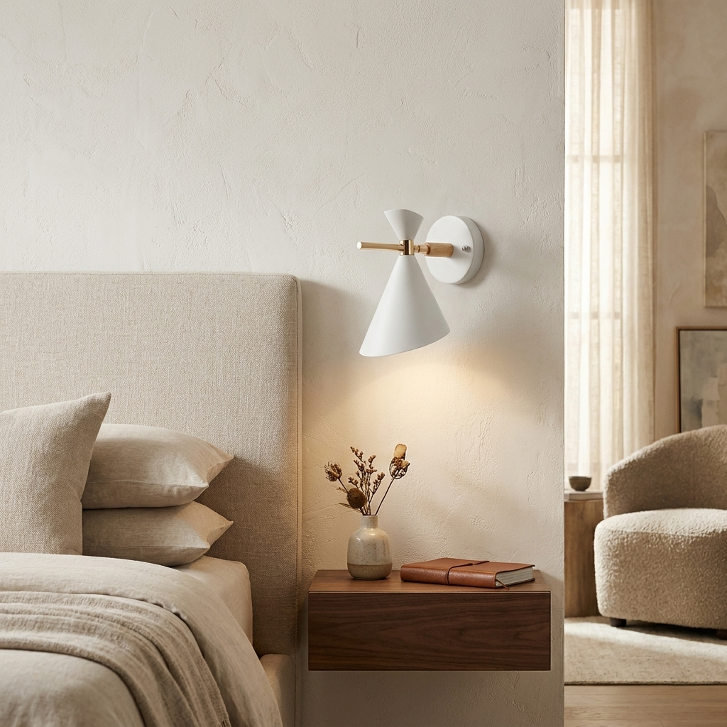 NordicGlow - Simple Nordic wall lamp with horn shade lifestyle image - Higgsfield lux20v1 - a14