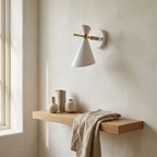 NordicGlow - Simple Nordic wall lamp with horn shade lifestyle image - Higgsfield lux20v1 - a18