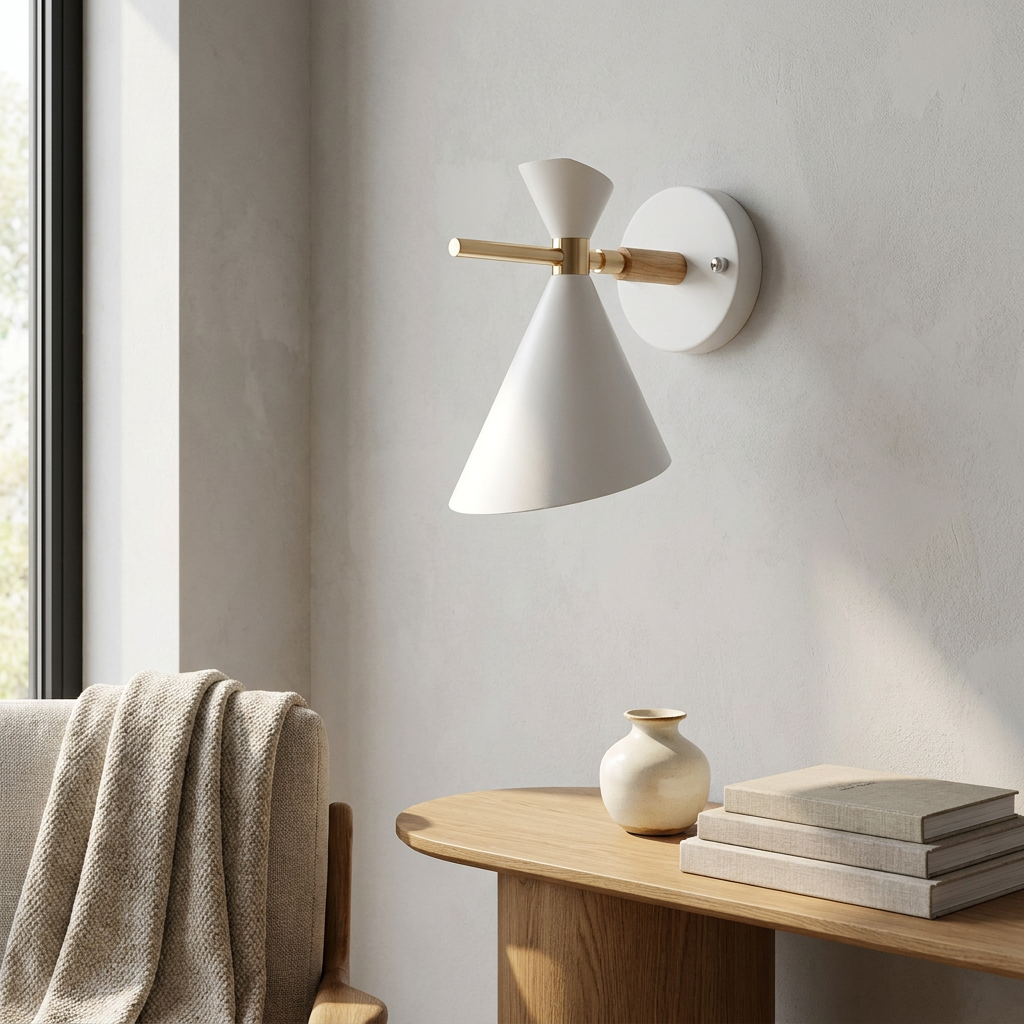 NordicGlow - Simple Nordic wall lamp with horn shade lifestyle image - Higgsfield lux20v1 - a19