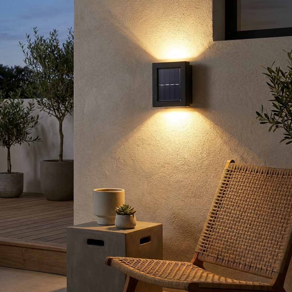 Solar Up and Down IP65 Waterproof LED Outdoor Wall Light lifestyle image - Higgsfield lux20v1 - a15