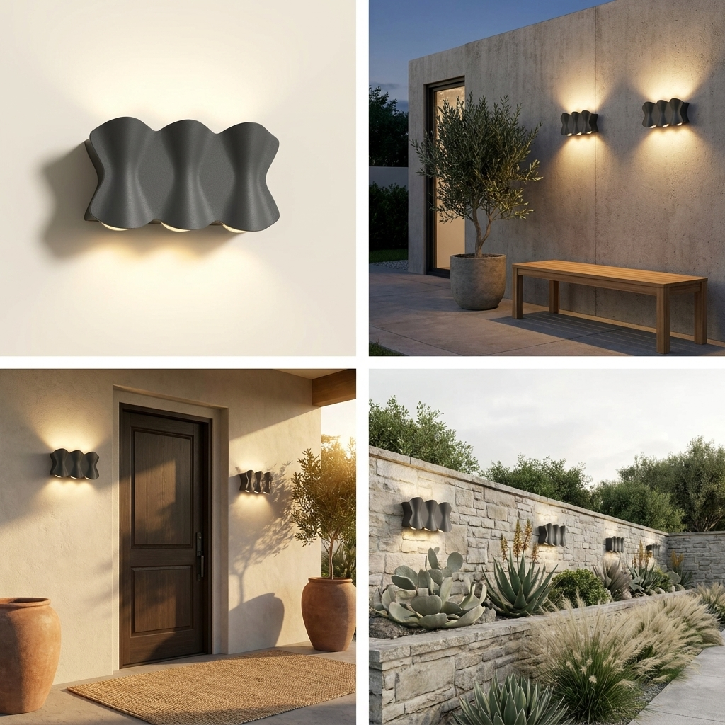 Solara - Modern waterproof LED outdoor wall lights made of aluminum lifestyle image - Higgsfield lux20v1 - hero