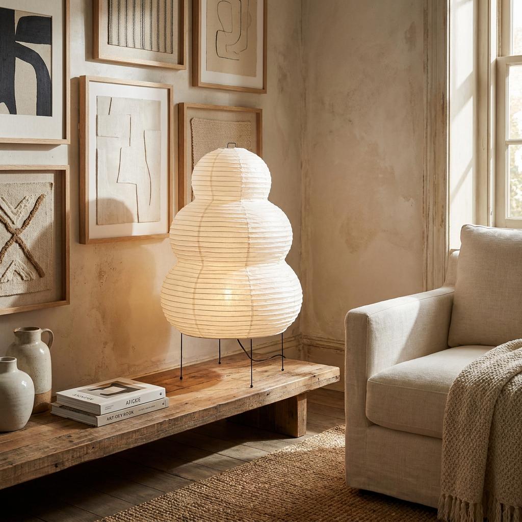 Japanese Wabi Sabi White Rice Paper Table Lamp lifestyle image - Higgsfield lux20v1 - a6
