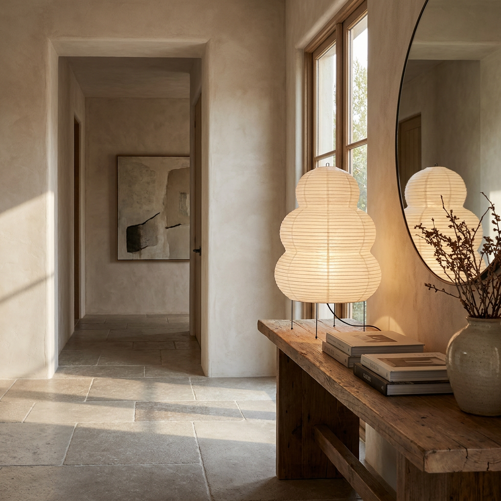 Japanese Wabi Sabi White Rice Paper Table Lamp lifestyle image - Higgsfield lux20v1 - a9