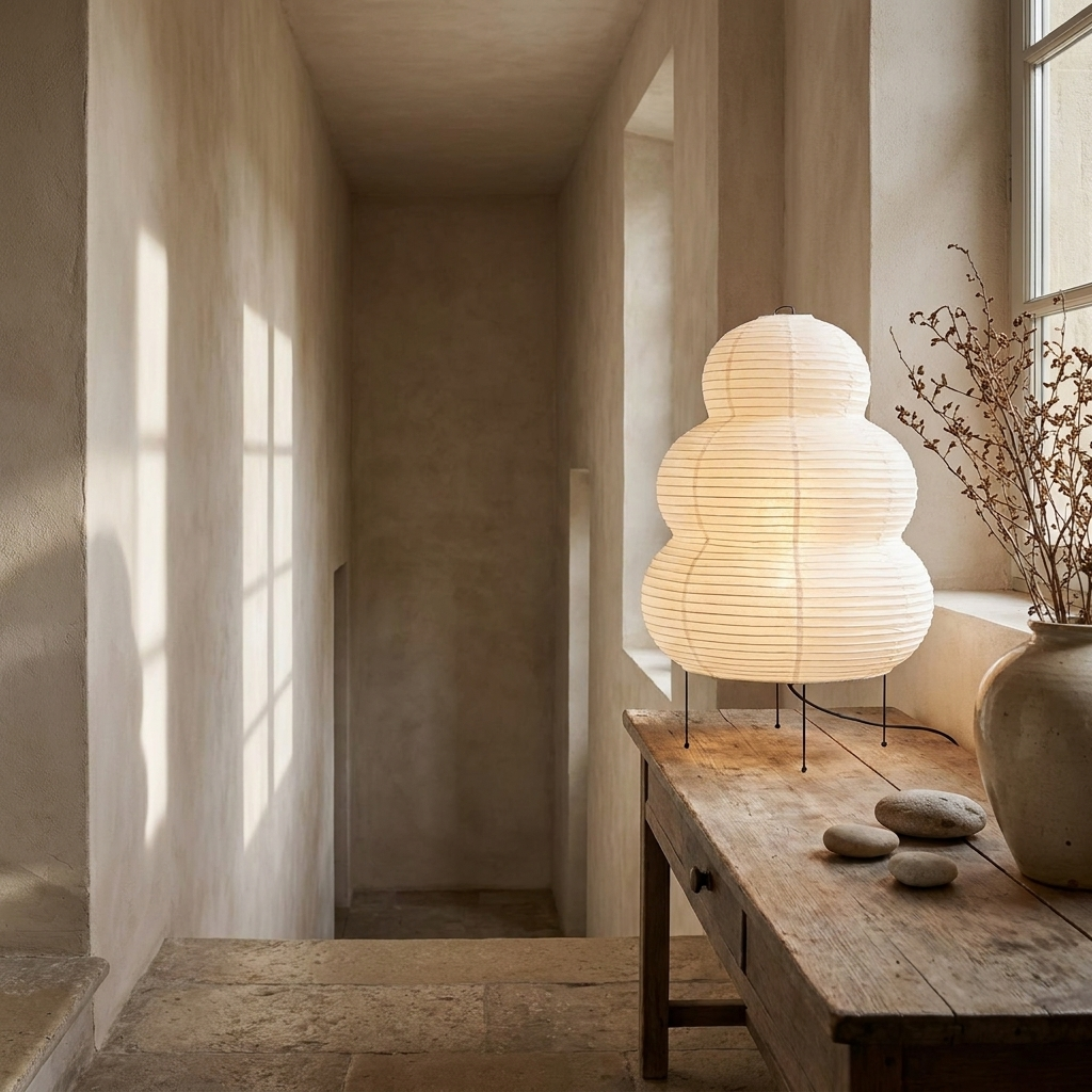 Japanese Wabi Sabi White Rice Paper Table Lamp lifestyle image - Higgsfield lux20v1 - a11