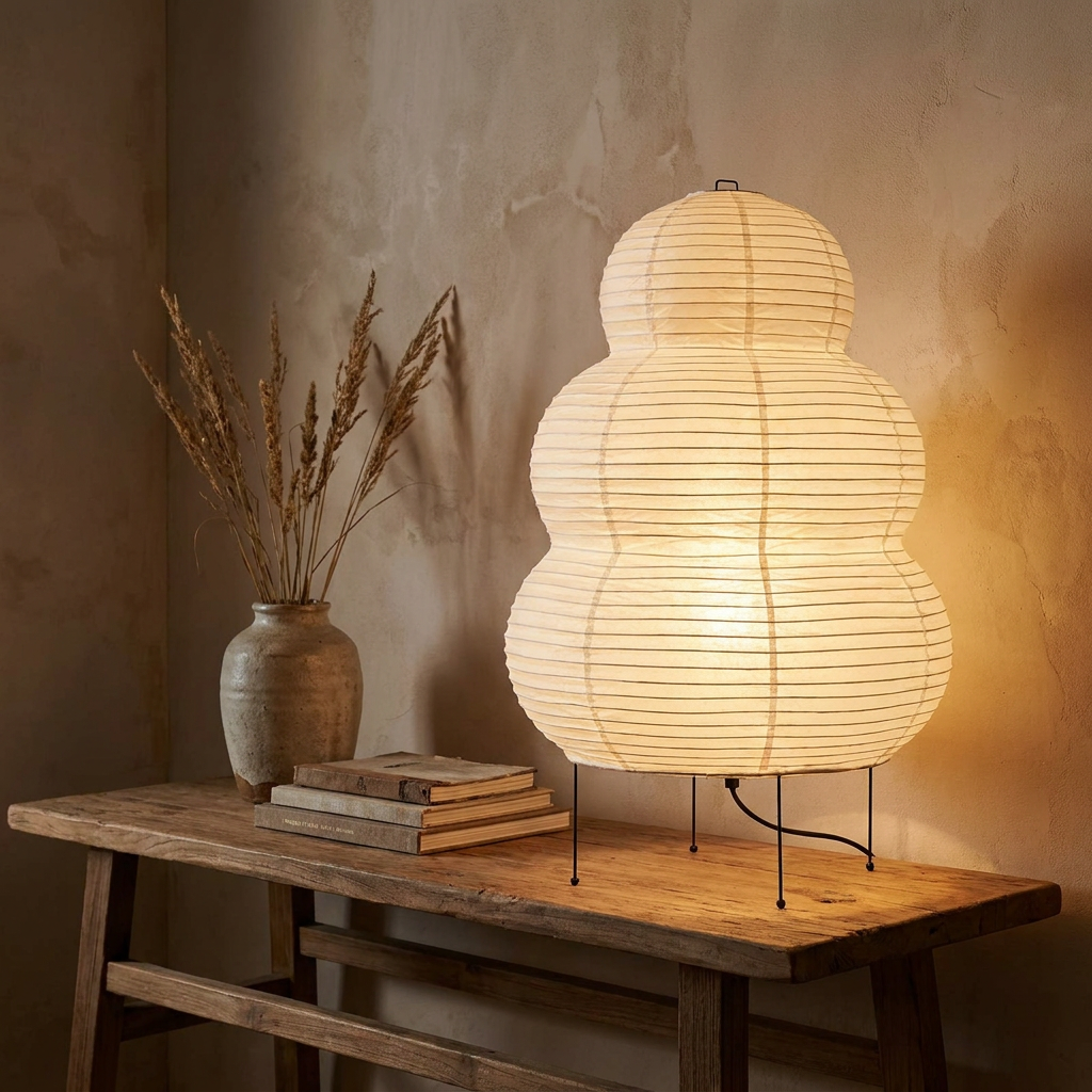 Japanese Wabi Sabi White Rice Paper Table Lamp lifestyle image - Higgsfield lux20v1 - a15