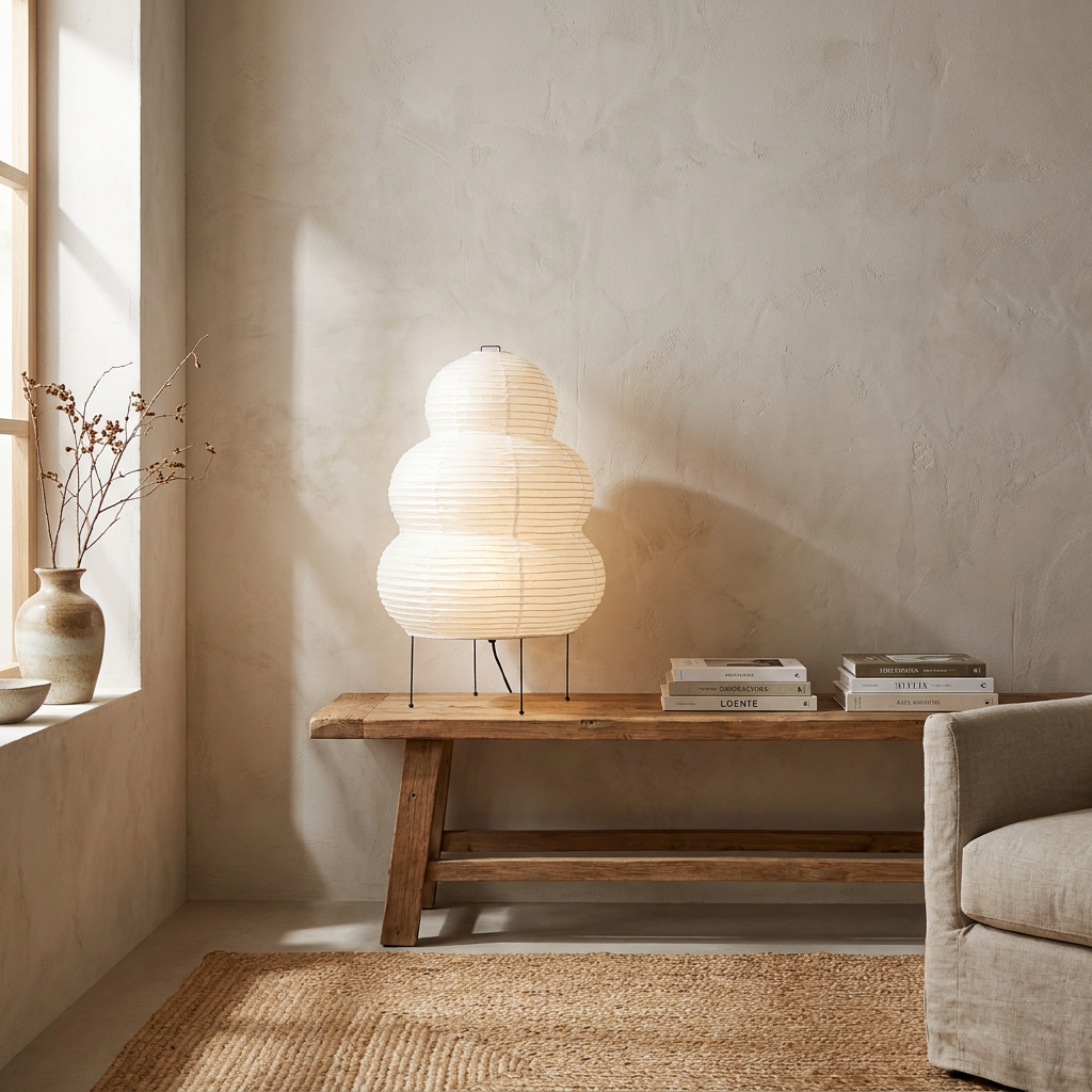 Japanese Wabi Sabi White Rice Paper Table Lamp lifestyle image - Higgsfield lux20v1 - a17