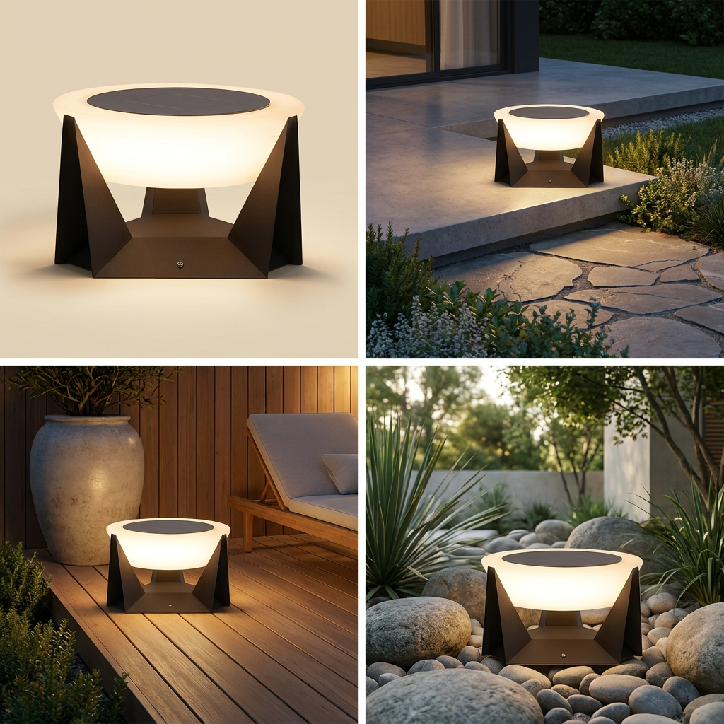 Illuminated Landing Modern Solar Iron Outdoor Lamp lifestyle image - Higgsfield lux20v1 - hero