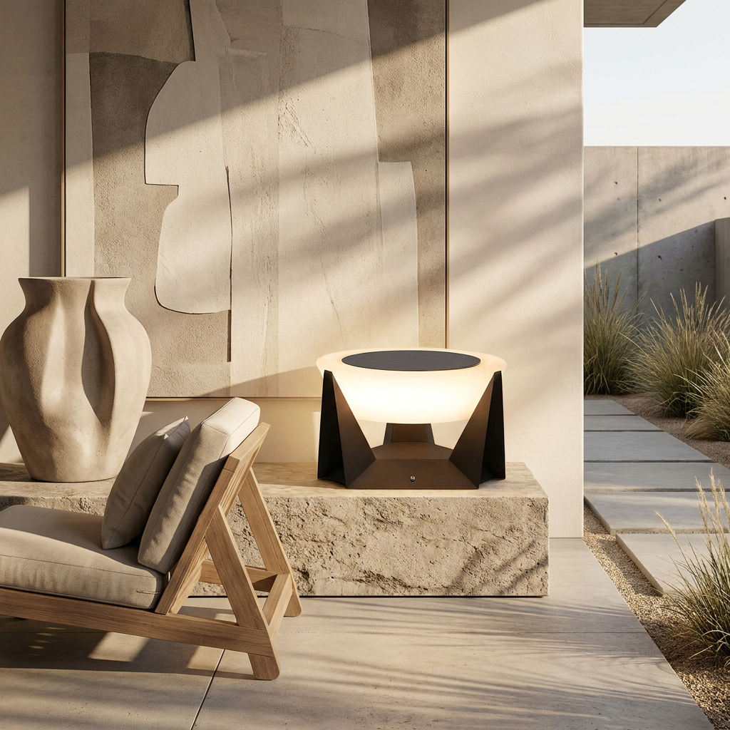 Illuminated Landing Modern Solar Iron Outdoor Lamp lifestyle image - Higgsfield lux20v1 - a16