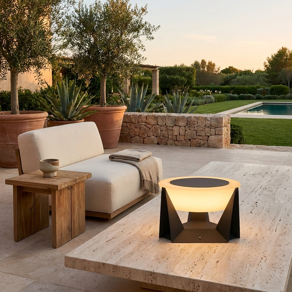 Illuminated Landing Modern Solar Iron Outdoor Lamp lifestyle image - Higgsfield lux20v1 - a19