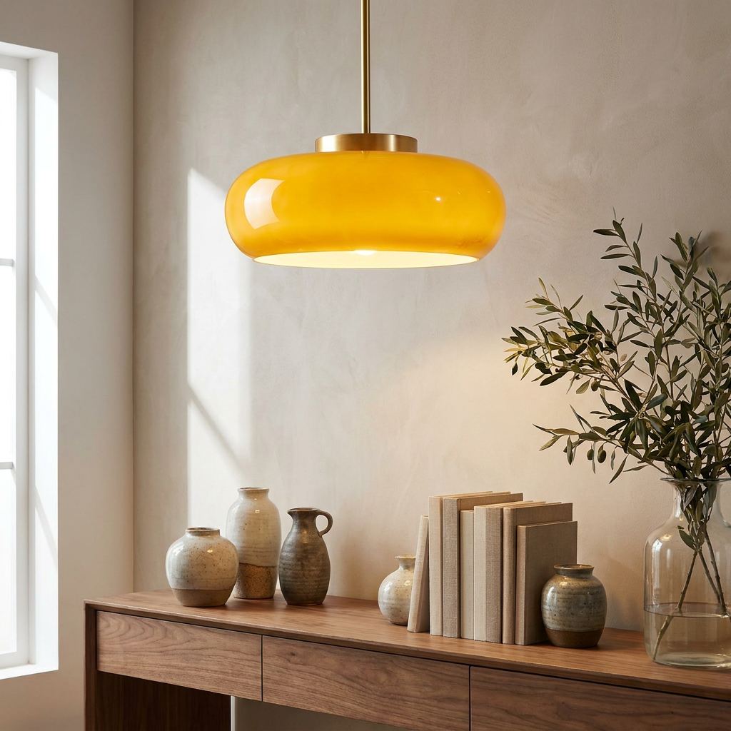 Shard Nordic Brass Glass Pendant Light lifestyle image - Higgsfield lux20v1 - a19