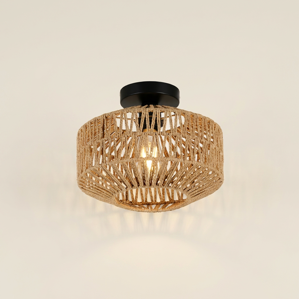 Woven Lantern Boho Radiance Rattan Ceiling Light lifestyle image - Higgsfield lux20v1 - hero