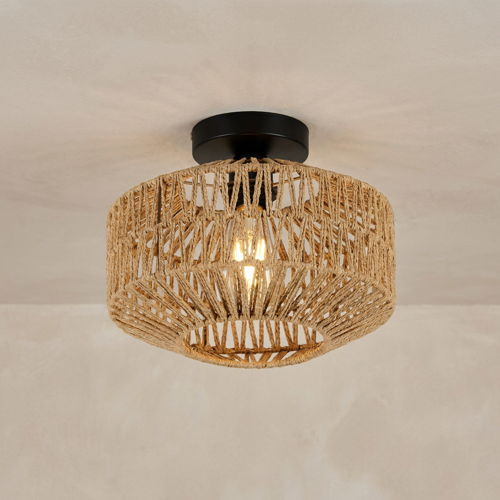 Woven Lantern Boho Radiance Rattan Ceiling Light lifestyle image - Higgsfield lux20v1 - a2