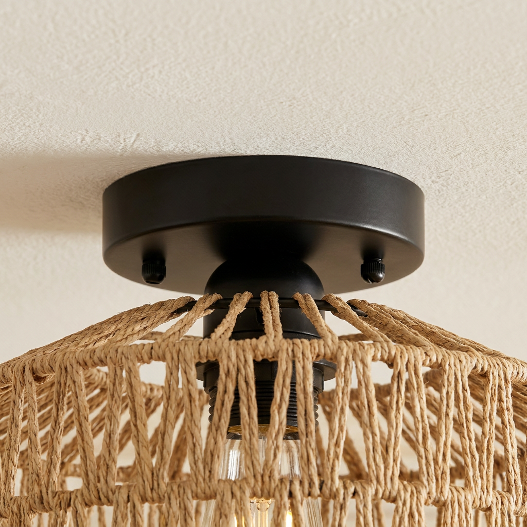 Woven Lantern Boho Radiance Rattan Ceiling Light lifestyle image - Higgsfield lux20v1 - a4