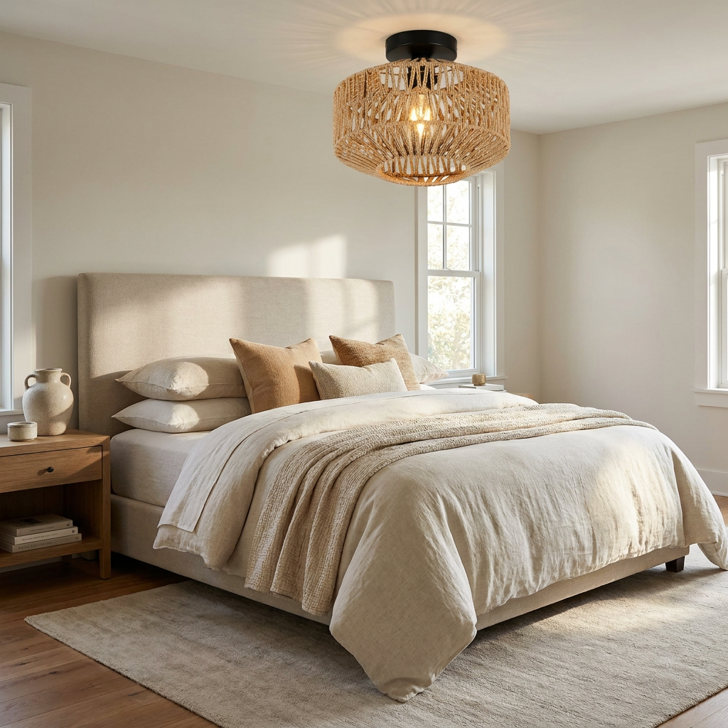 Woven Lantern Boho Radiance Rattan Ceiling Light lifestyle image - Higgsfield lux20v1 - a8