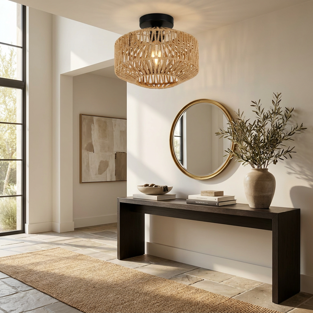 Woven Lantern Boho Radiance Rattan Ceiling Light lifestyle image - Higgsfield lux20v1 - a9