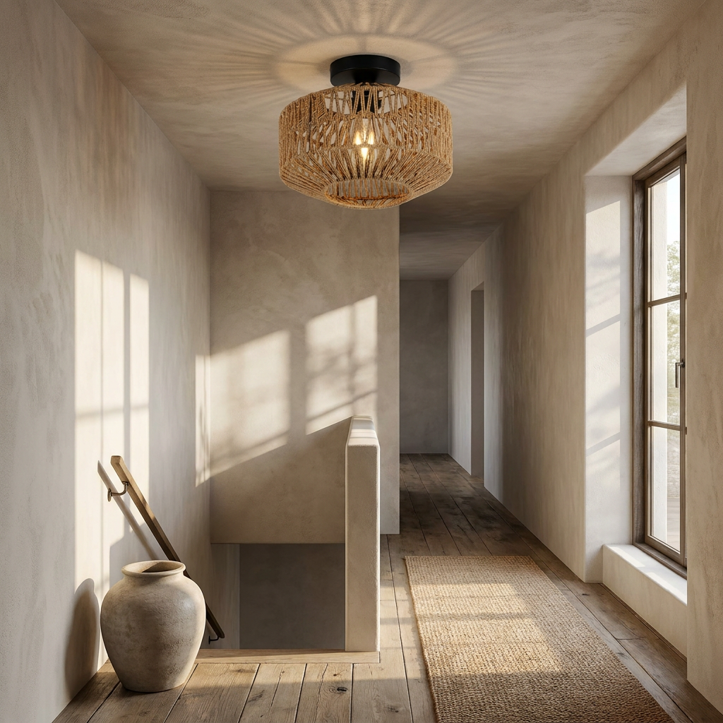 Woven Lantern Boho Radiance Rattan Ceiling Light lifestyle image - Higgsfield lux20v1 - a11