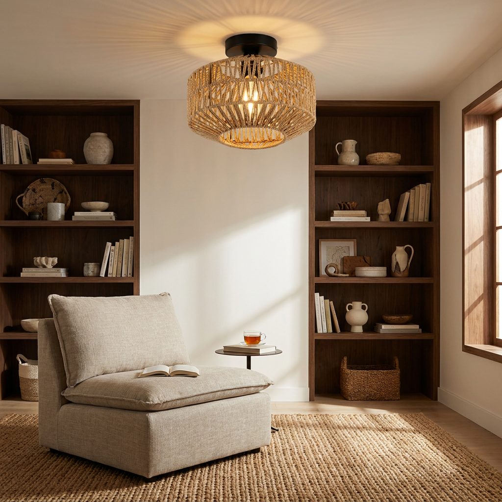 Woven Lantern Boho Radiance Rattan Ceiling Light lifestyle image - Higgsfield lux20v1 - a13
